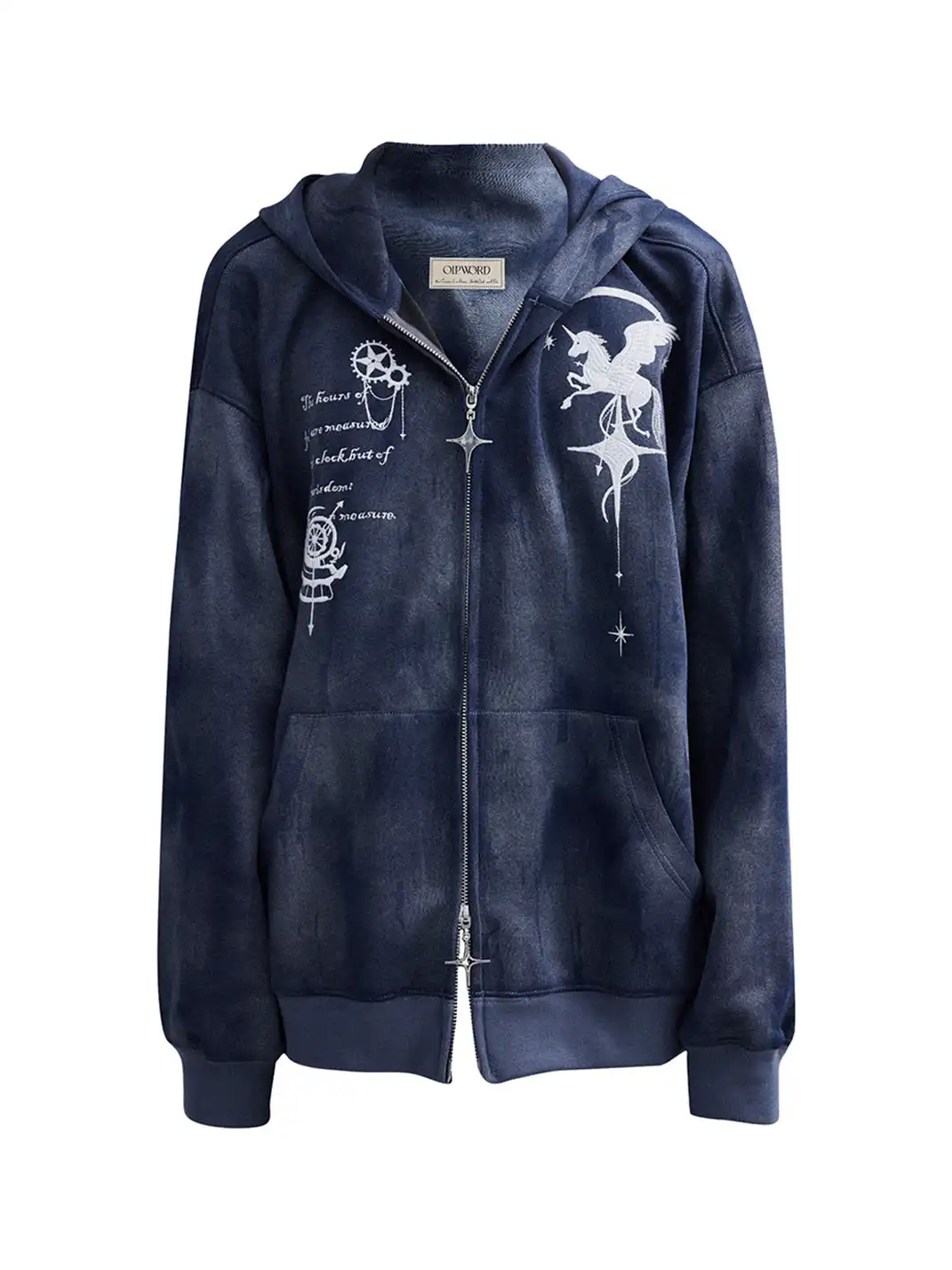 OIPWORD | Embroidered Distressed Dual-Zip Hoodie