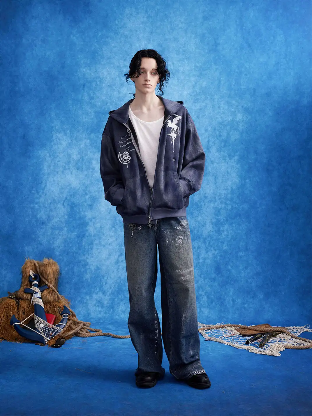 OIPWORD | Embroidered Distressed Dual-Zip Hoodie