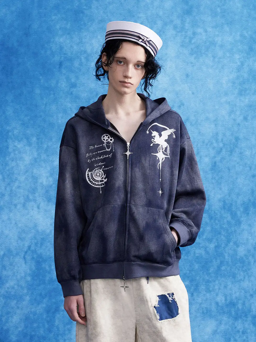 OIPWORD | Embroidered Distressed Dual-Zip Hoodie