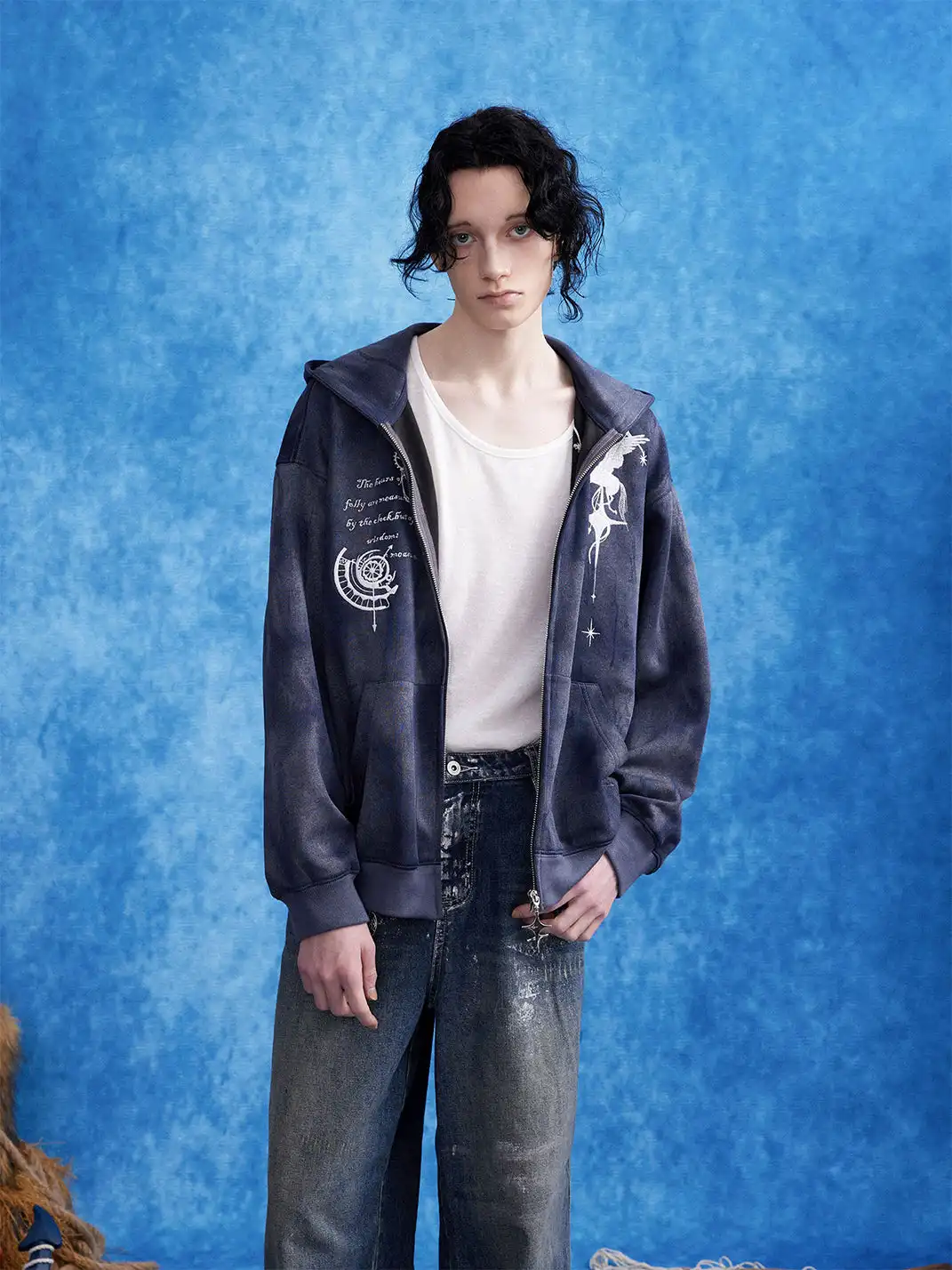 OIPWORD | Embroidered Distressed Dual-Zip Hoodie