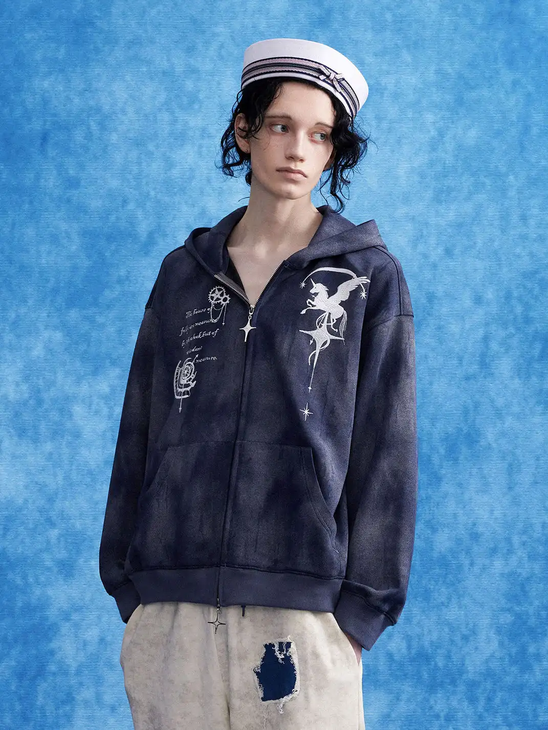 OIPWORD | Embroidered Distressed Dual-Zip Hoodie