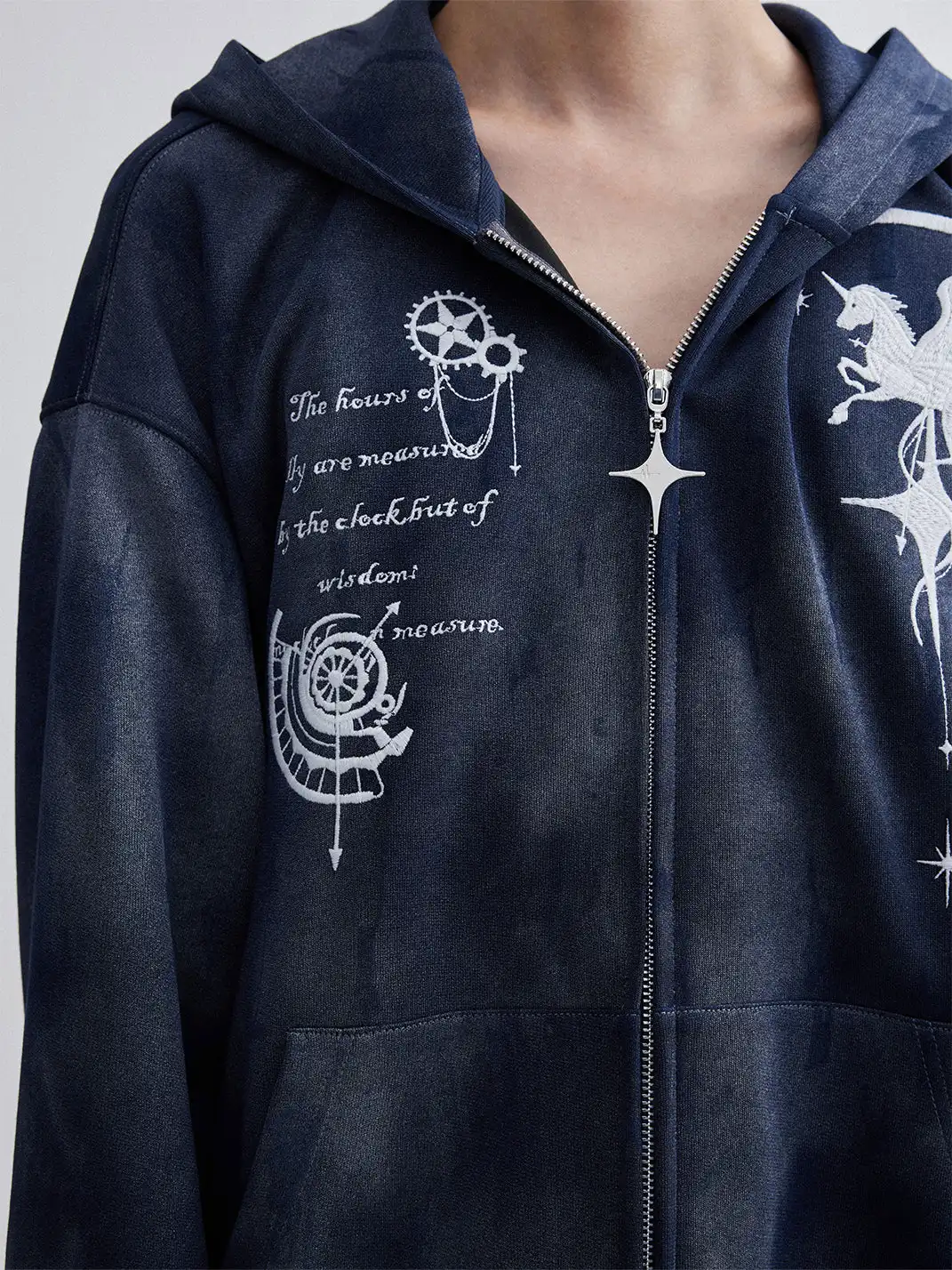 OIPWORD | Embroidered Distressed Dual-Zip Hoodie