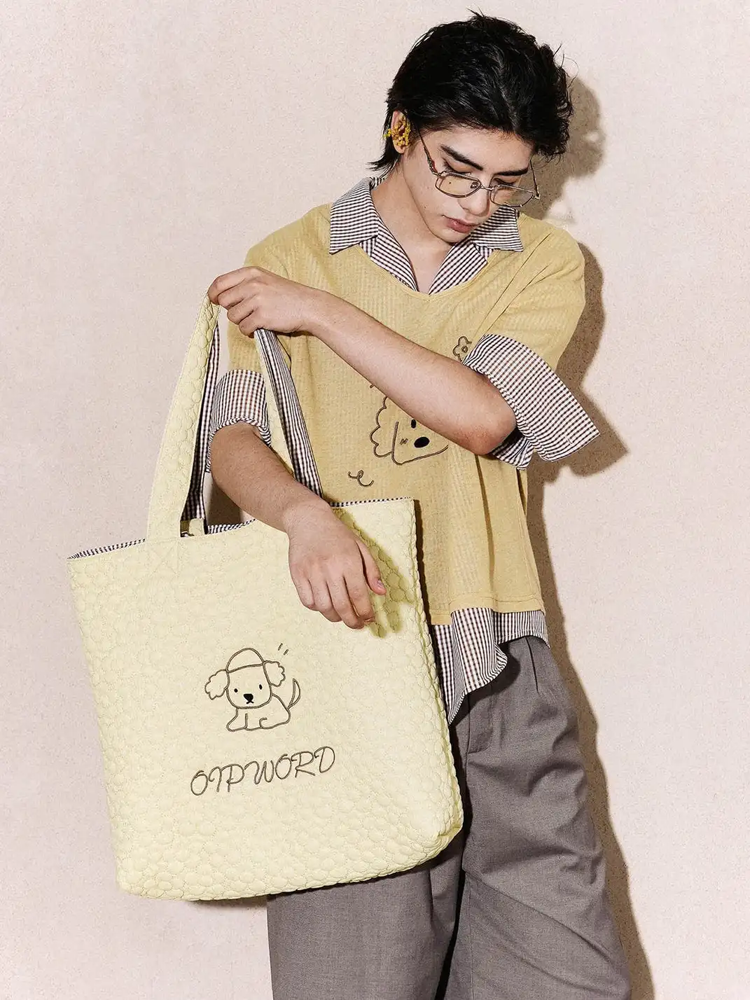 OIPWORD | Reversible Quilted & Check Tote Bag