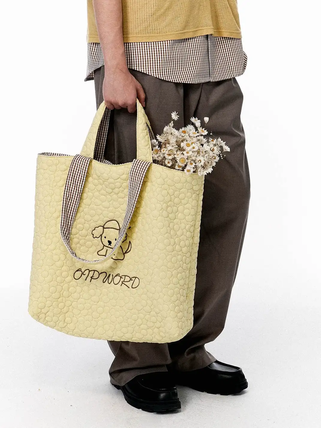 OIPWORD | Reversible Quilted & Check Tote Bag