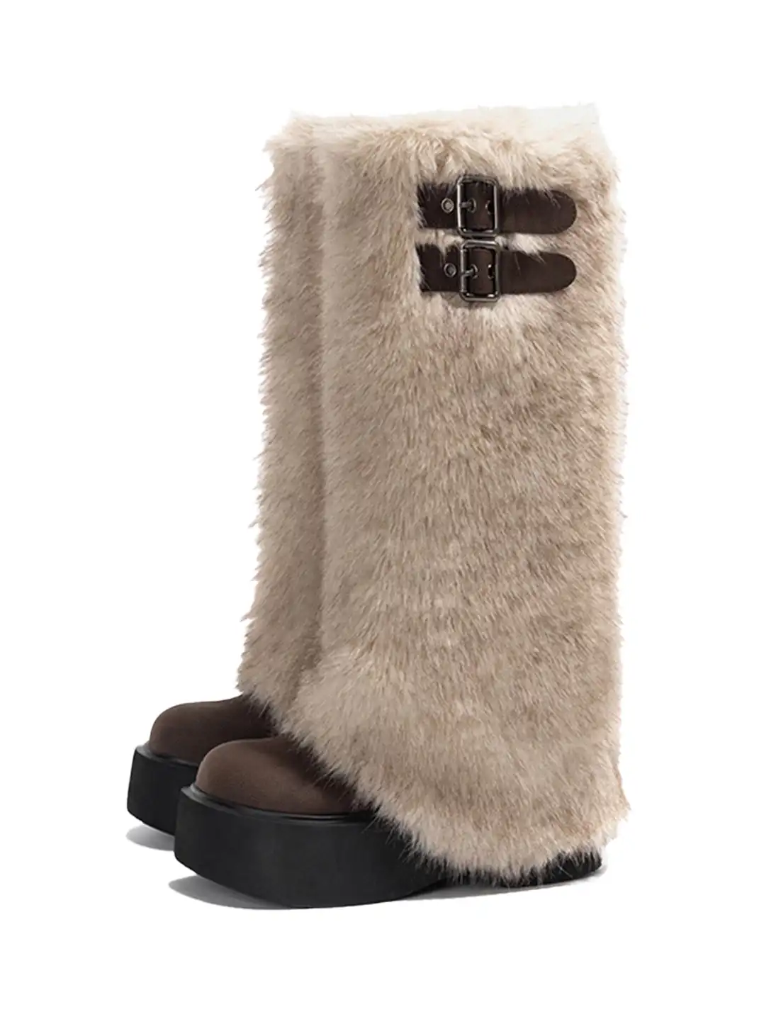 OLDMEOW | Double Buckle Faux Fur Platform Boots