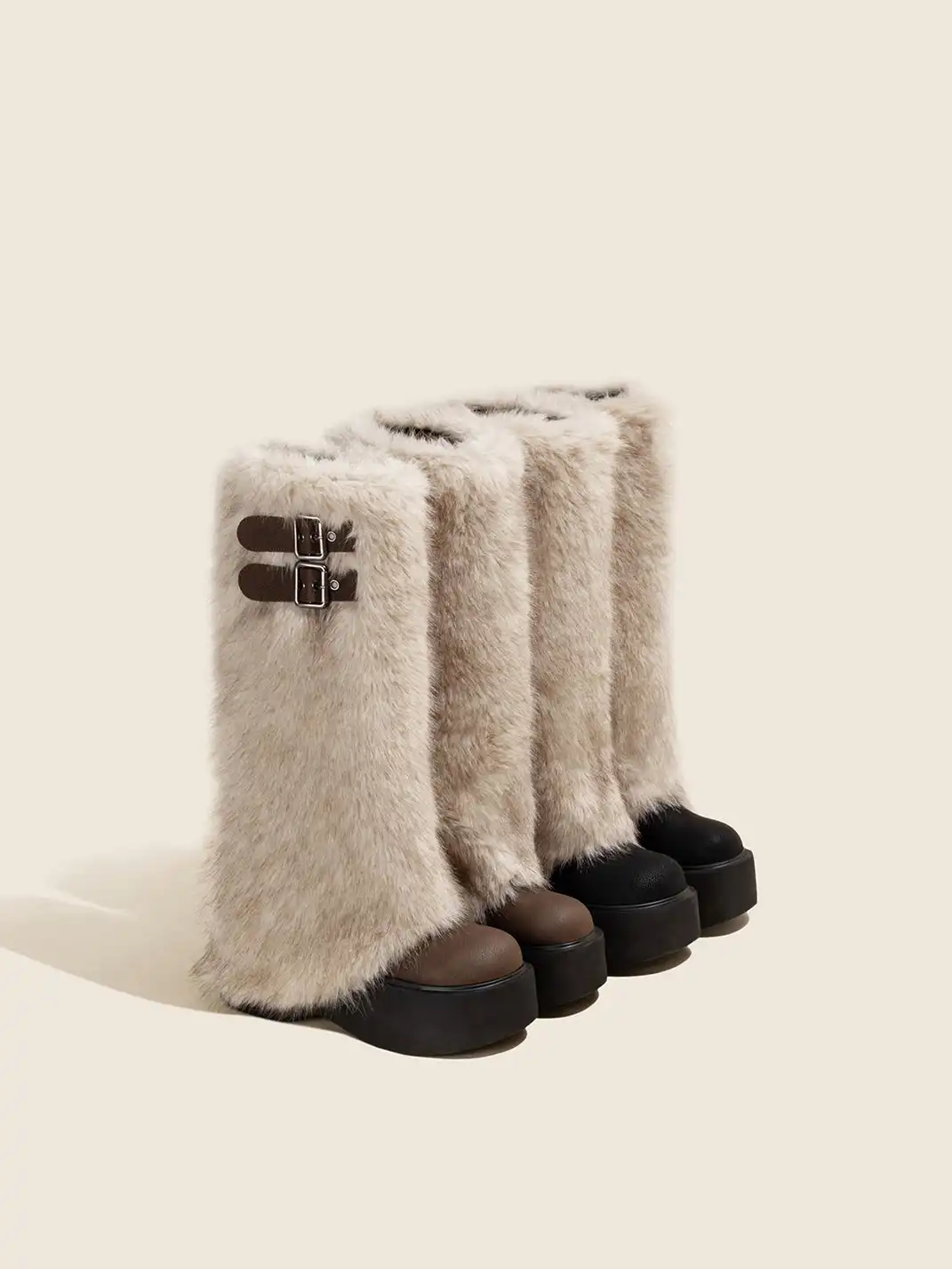 OLDMEOW | Double Buckle Faux Fur Platform Boots