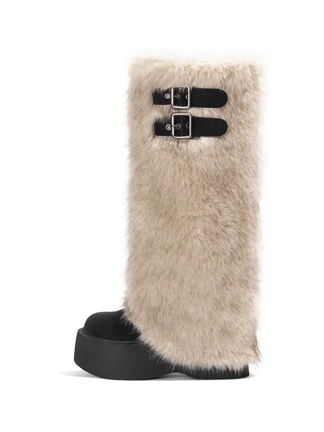 OLDMEOW | Double Buckle Faux Fur Platform Boots