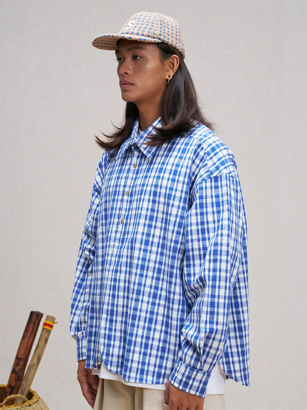 UNLIMITED MOTE | Plaid Linen-Blend Half-Open Collar Shirt Blue