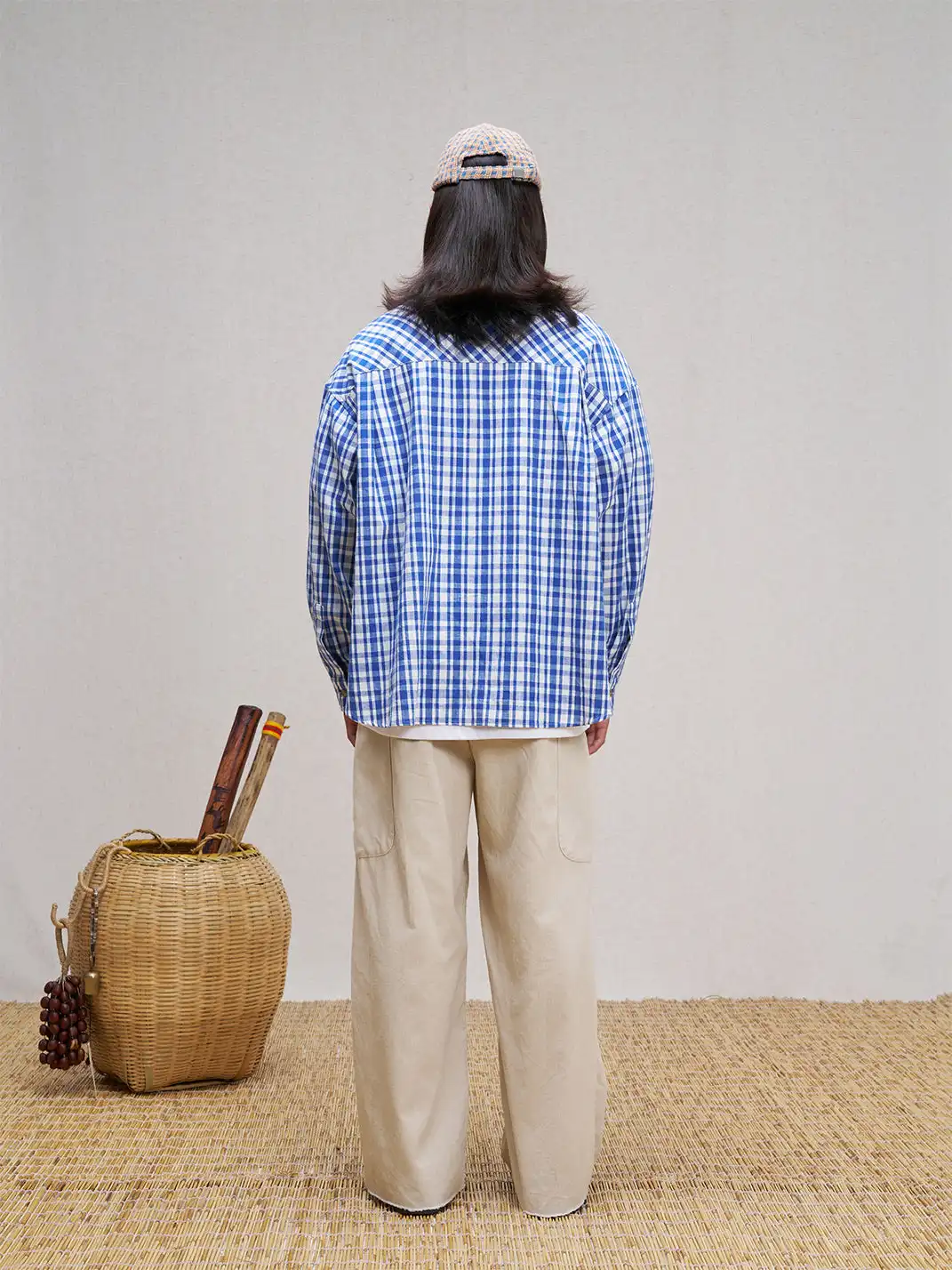 UNLIMITED MOTE | Plaid Linen-Blend Half-Open Collar Shirt Blue