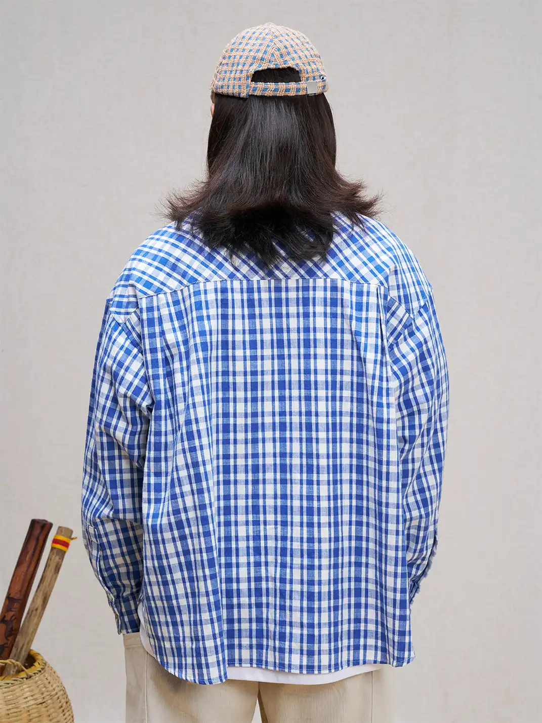 UNLIMITED MOTE | Plaid Linen-Blend Half-Open Collar Shirt Blue