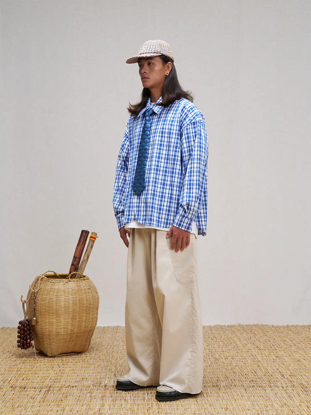 UNLIMITED MOTE | Plaid Linen-Blend Half-Open Collar Shirt Blue