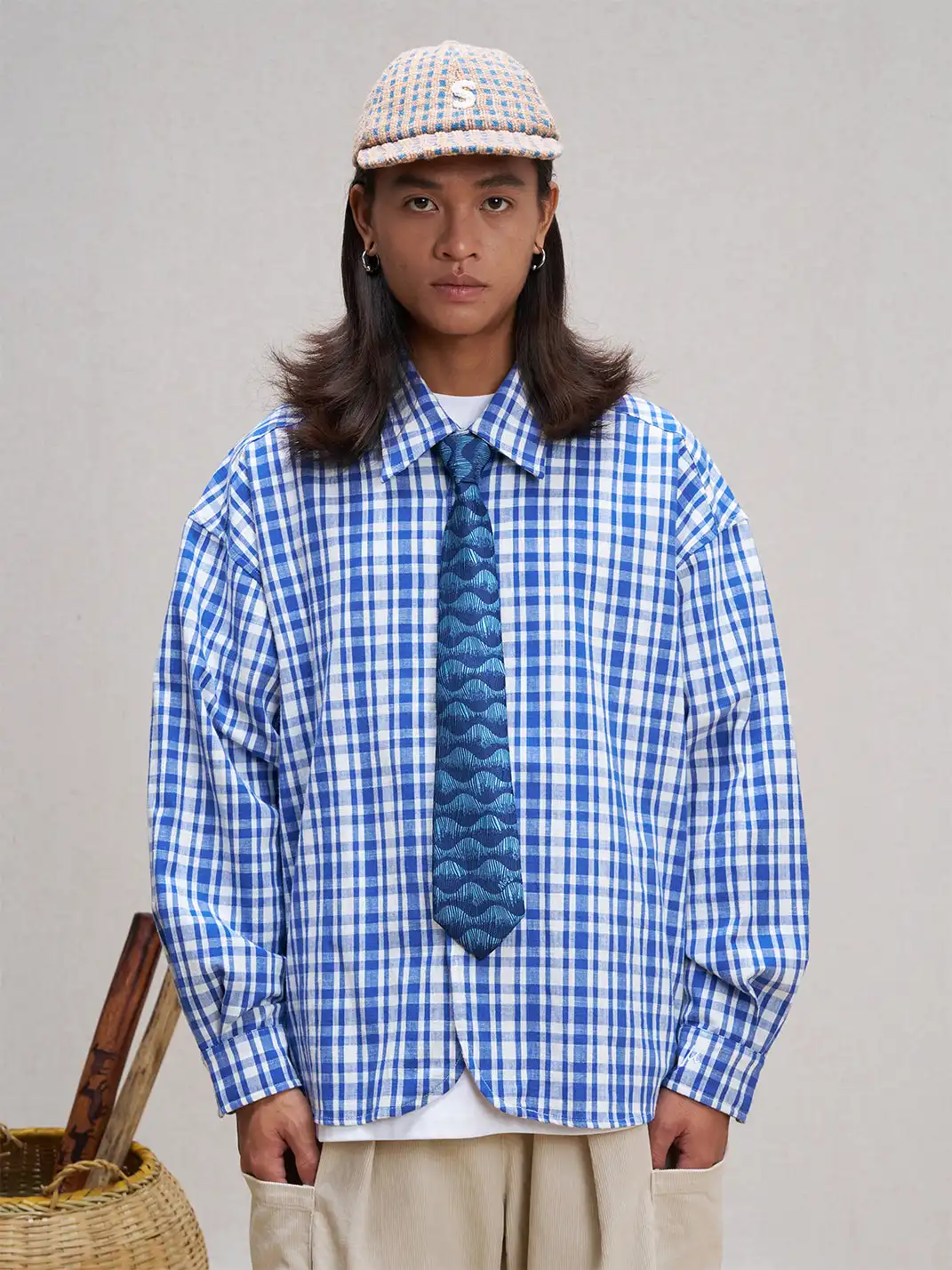 UNLIMITED MOTE | Plaid Linen-Blend Half-Open Collar Shirt Blue