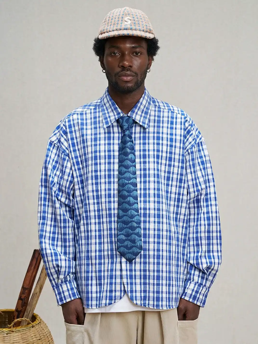UNLIMITED MOTE | Plaid Linen-Blend Half-Open Collar Shirt Blue
