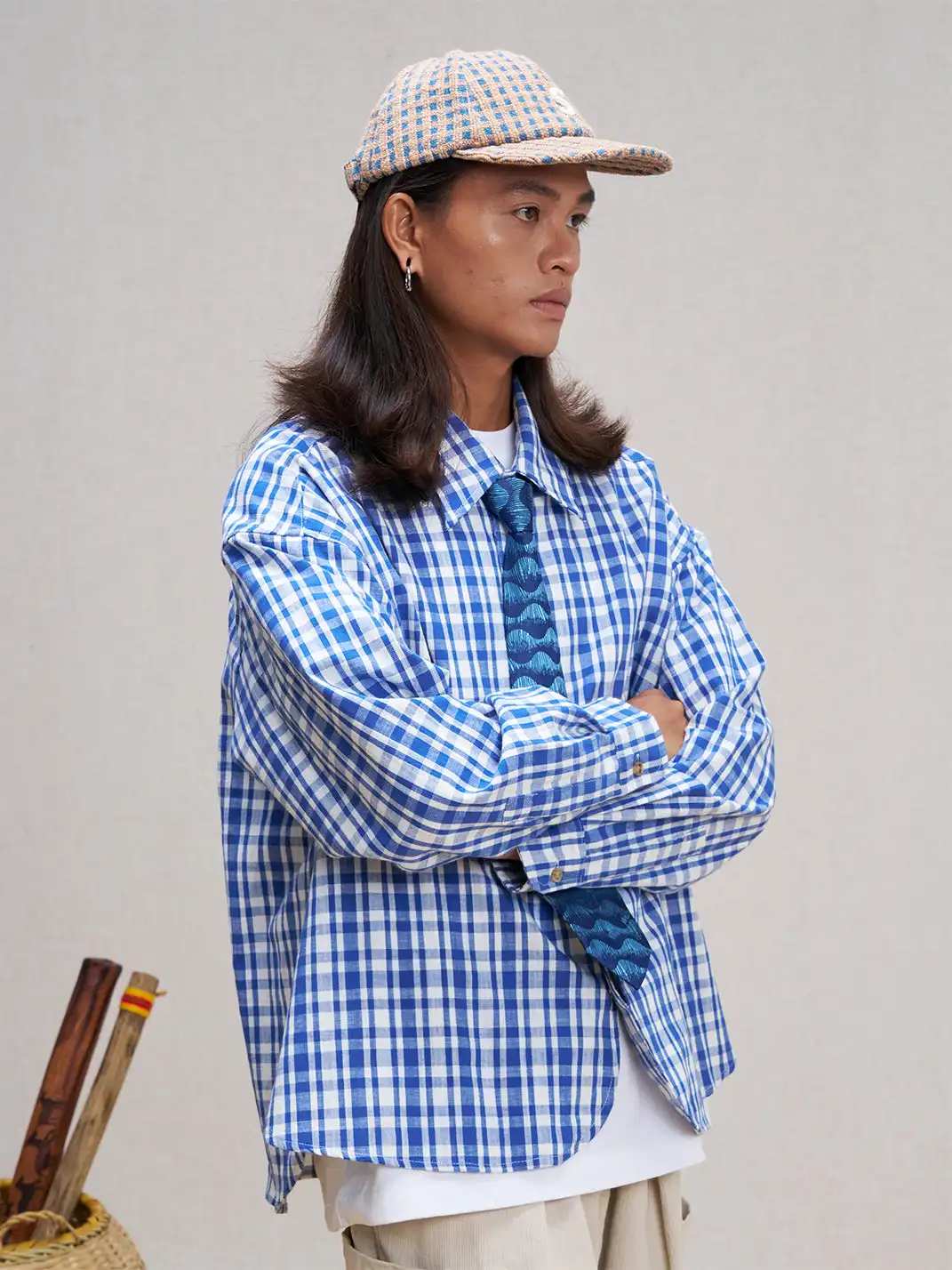 UNLIMITED MOTE | Plaid Linen-Blend Half-Open Collar Shirt Blue