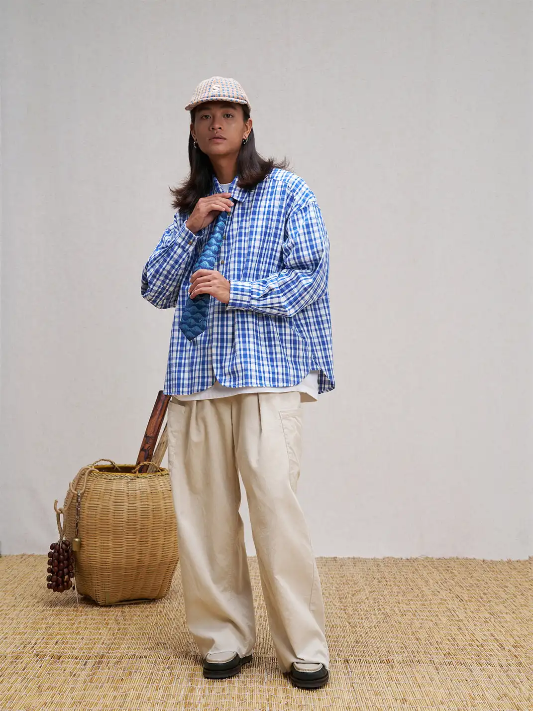 UNLIMITED MOTE | Plaid Linen-Blend Half-Open Collar Shirt Blue