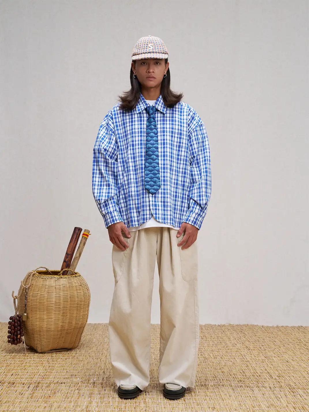 UNLIMITED MOTE | Plaid Linen-Blend Half-Open Collar Shirt Blue