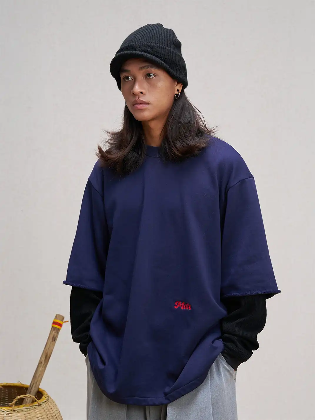 UNLIMITED MOTE | Waffle Sleeve Layered Drawstring Hem Sweatshirt