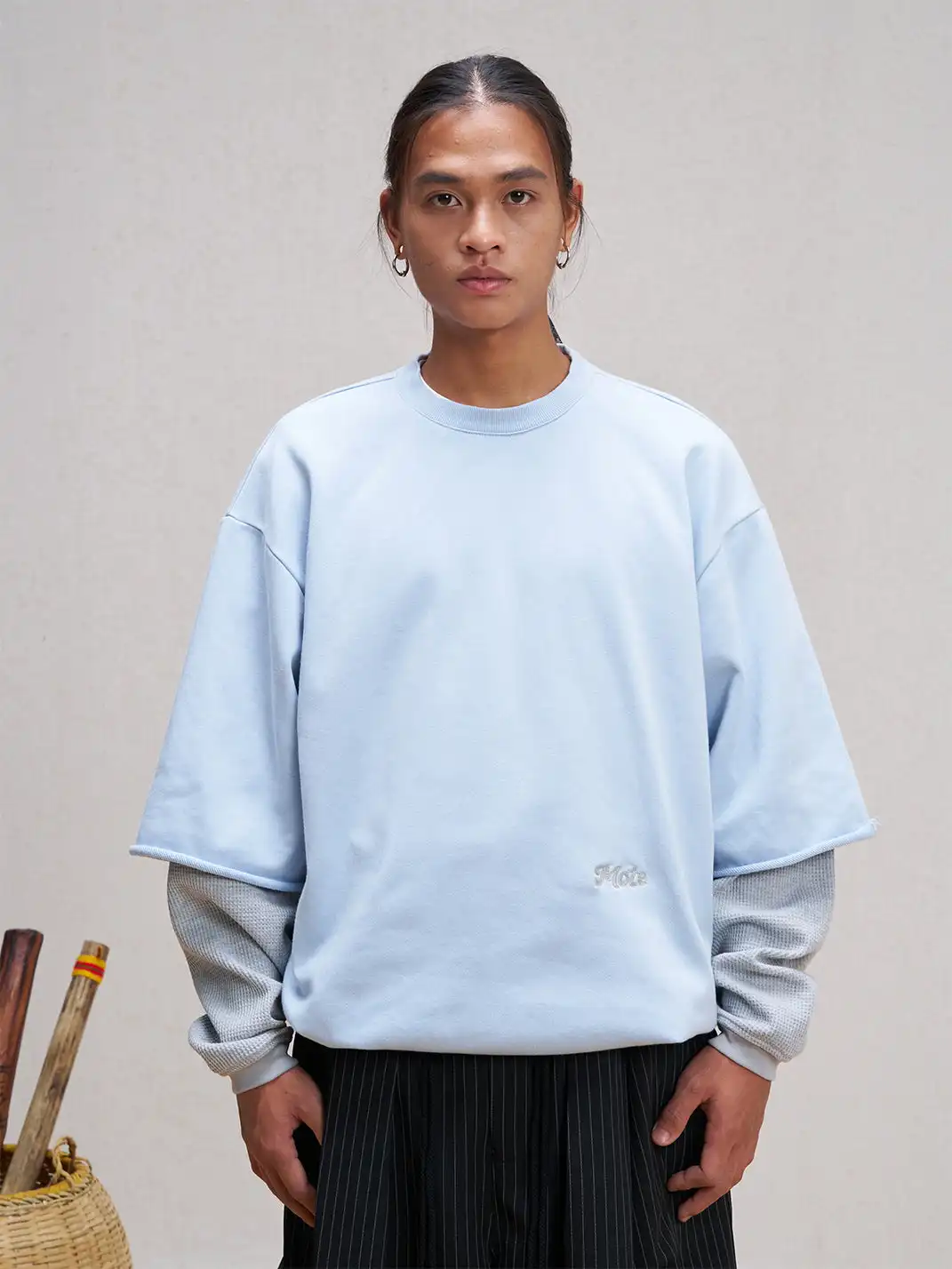 UNLIMITED MOTE | Waffle Sleeve Layered Drawstring Hem Sweatshirt