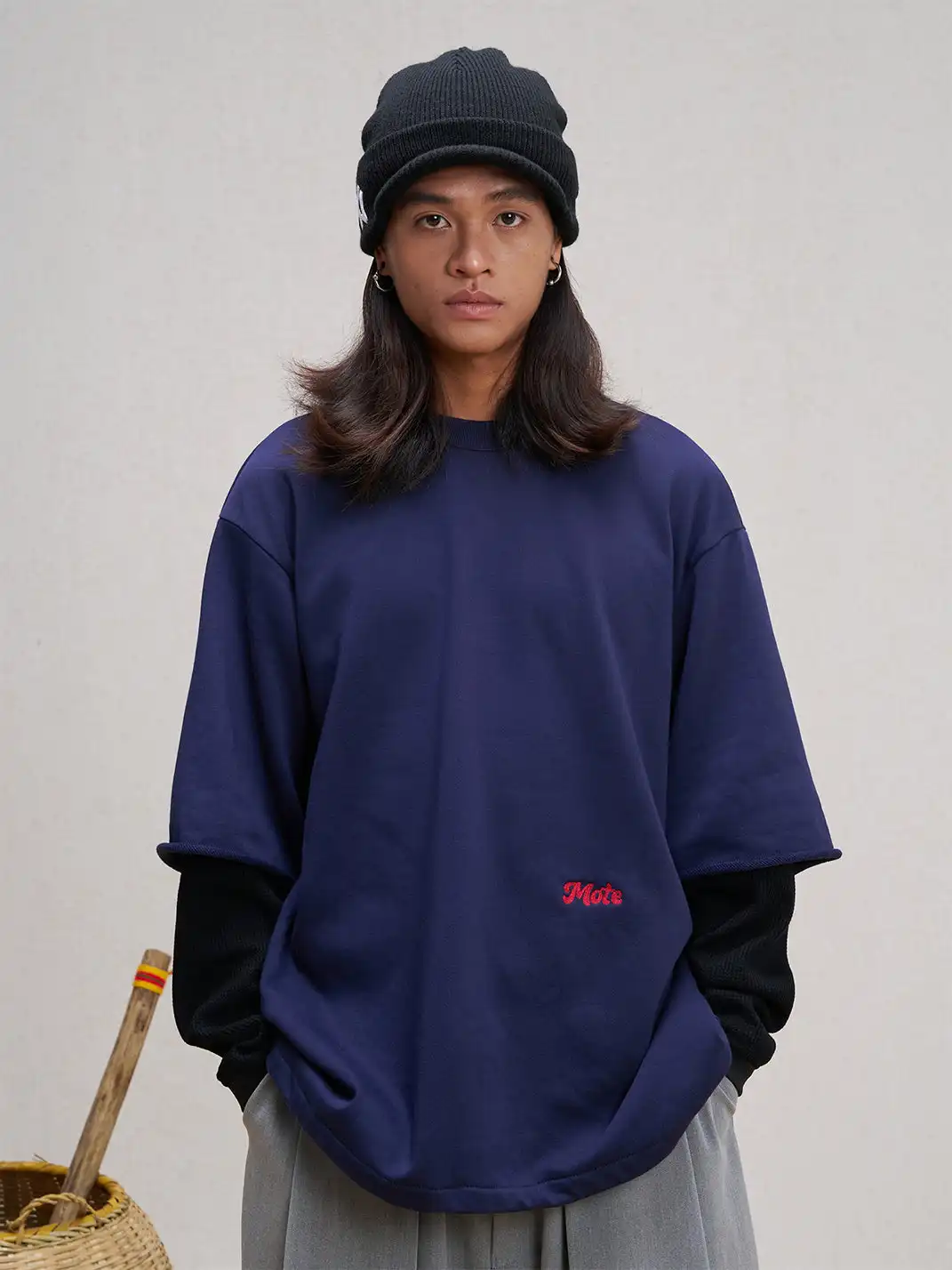 UNLIMITED MOTE | Waffle Sleeve Layered Drawstring Hem Sweatshirt