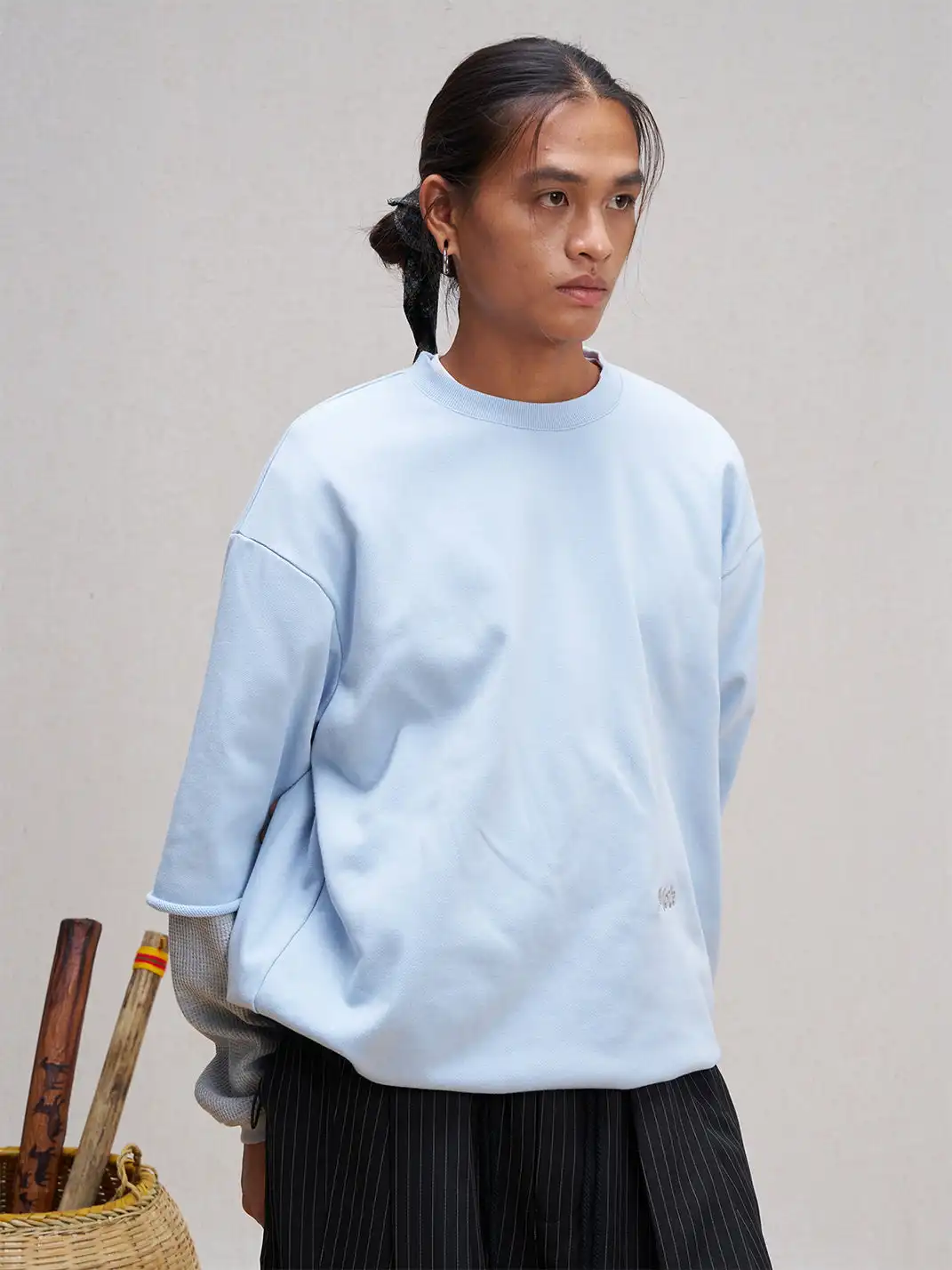 UNLIMITED MOTE | Waffle Sleeve Layered Drawstring Hem Sweatshirt