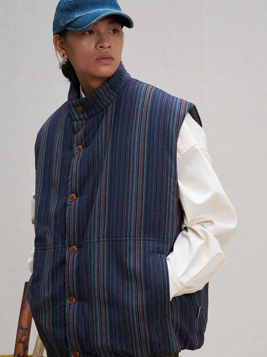 UNLIMITED MOTE | Stripe Stand-Collar Padded Vest
