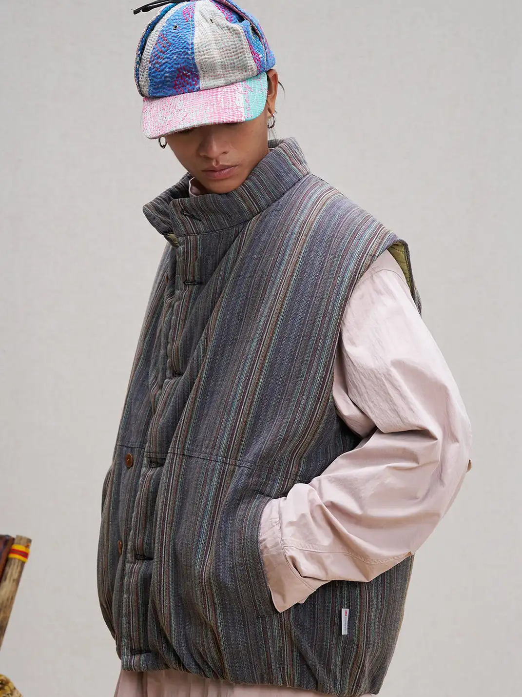 UNLIMITED MOTE | Stripe Stand-Collar Padded Vest