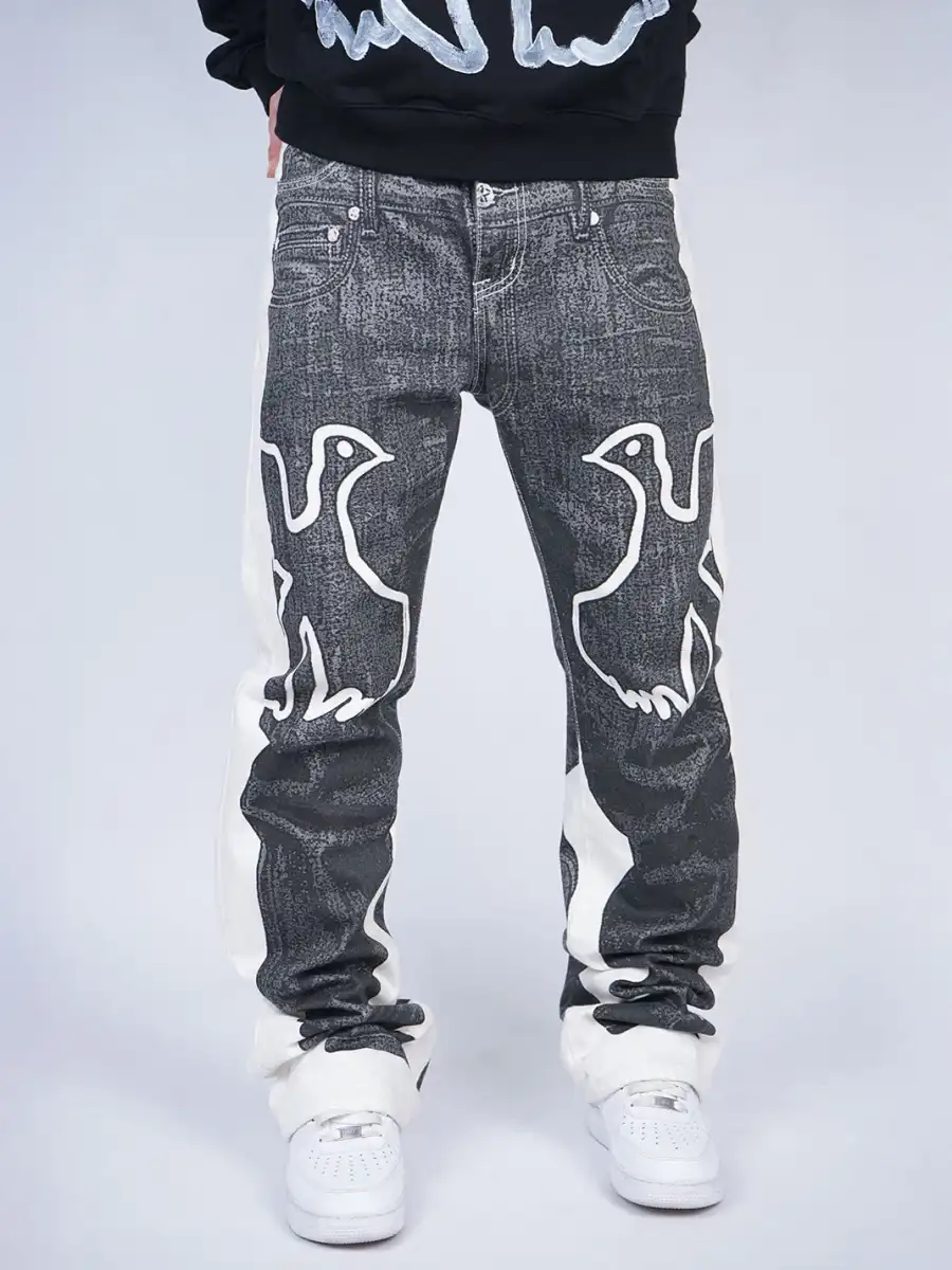 VINKID | Faux-Layered Dove Graphic Contrast Panel Jeans - 2