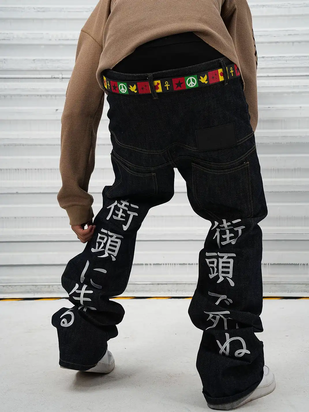 VINKID | Street Kanji Graphic Panel Raw Jeans
