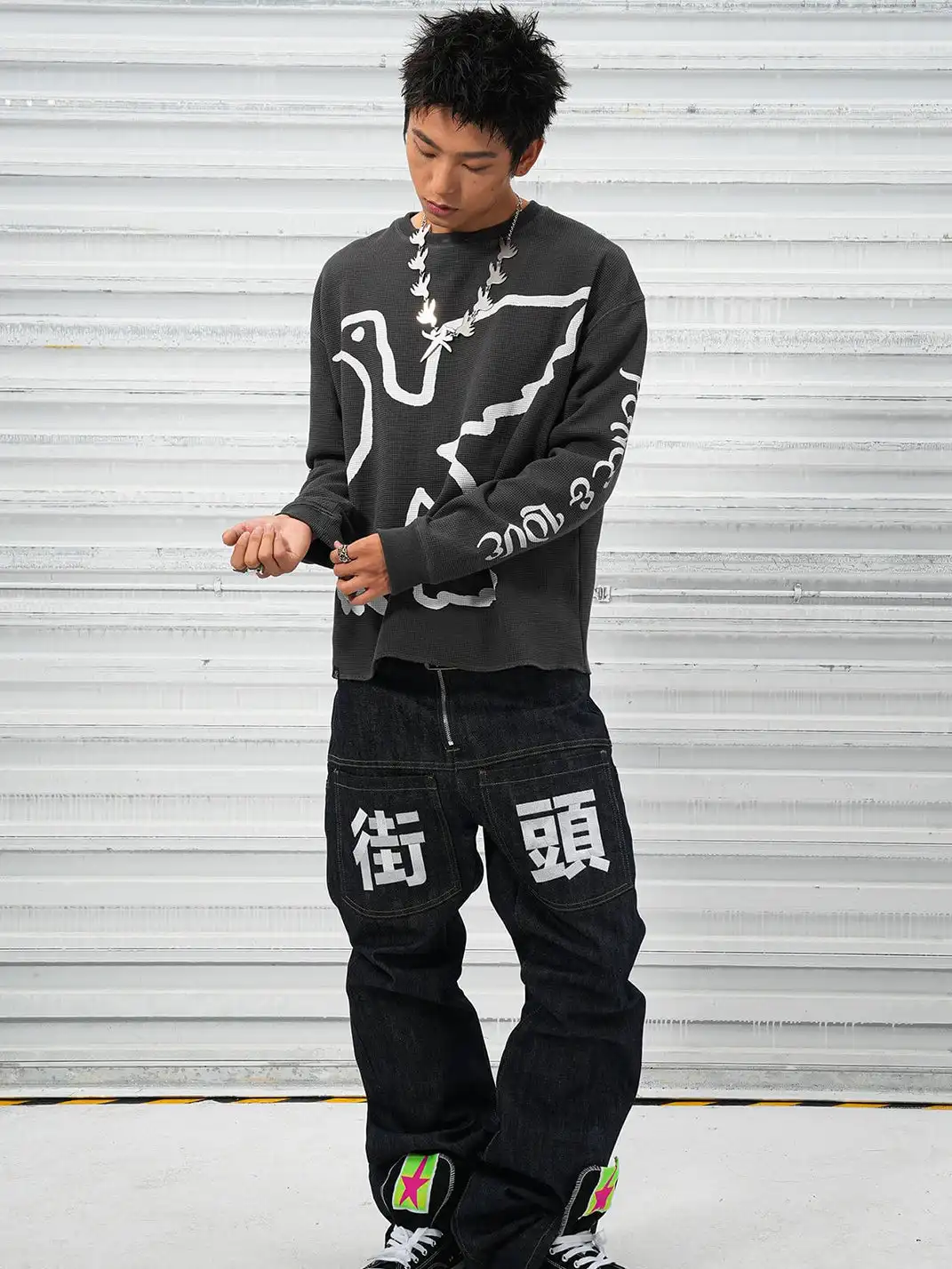 VINKID | Street Kanji Graphic Panel Raw Jeans