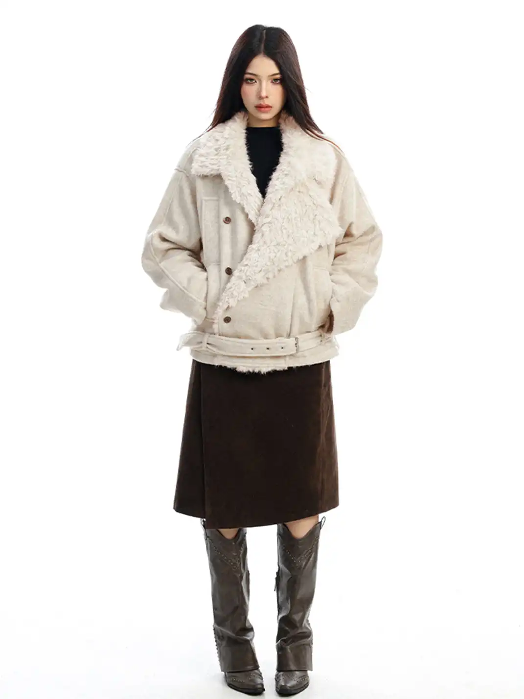 BIGGOLD | Shearling-Lined Belted Suede Jacket
