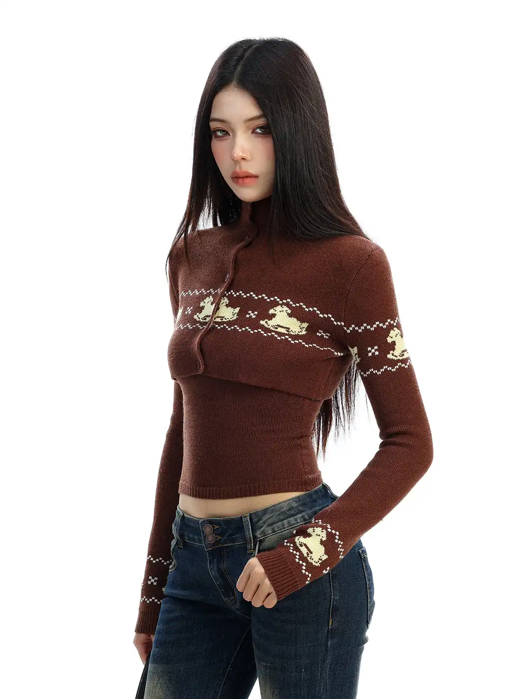 BIGGOLD | Two-piece Set Fair Isle Cropped Knit Cardigan Top