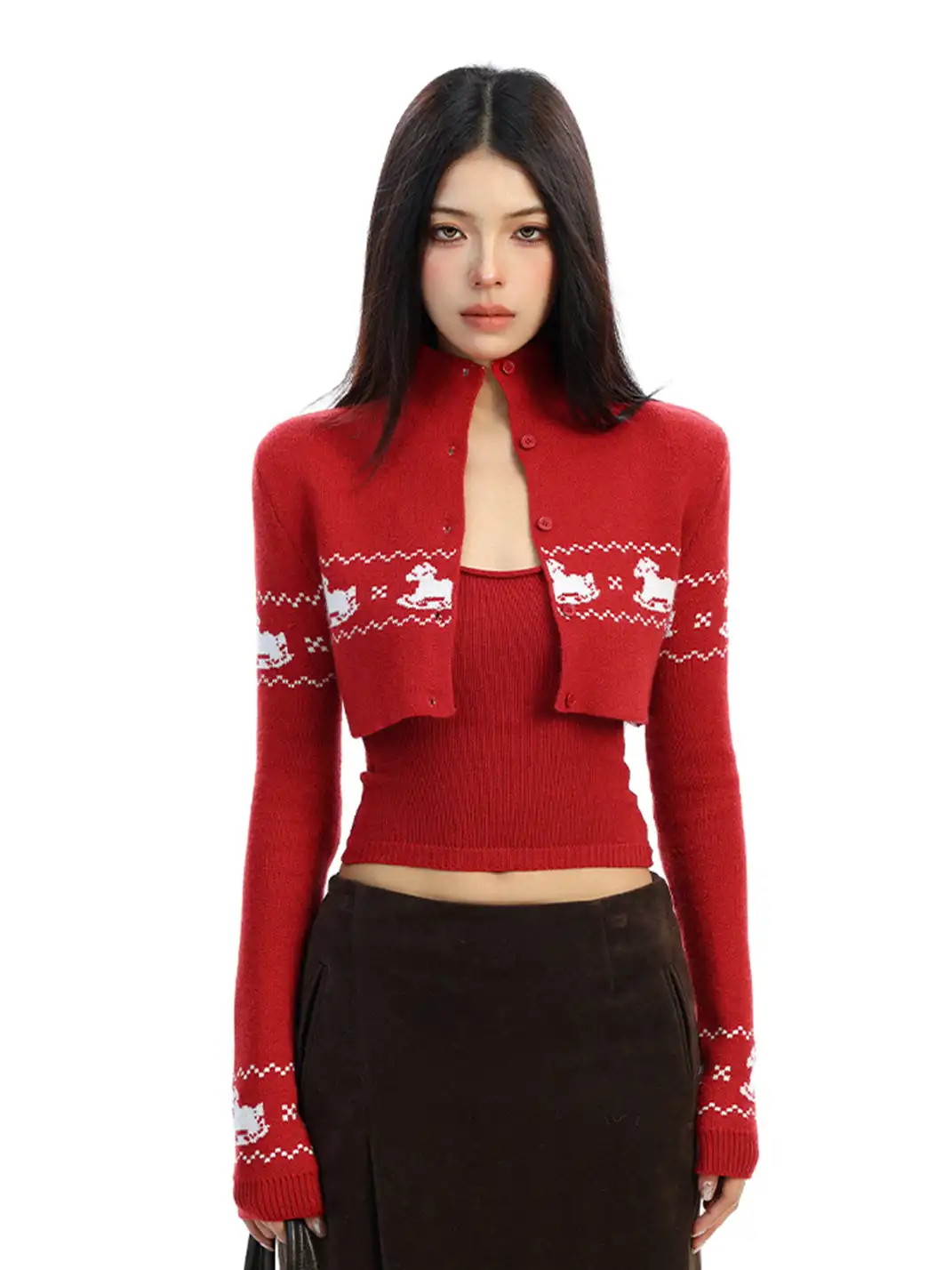 BIGGOLD | Two-piece Set Fair Isle Cropped Knit Cardigan Top
