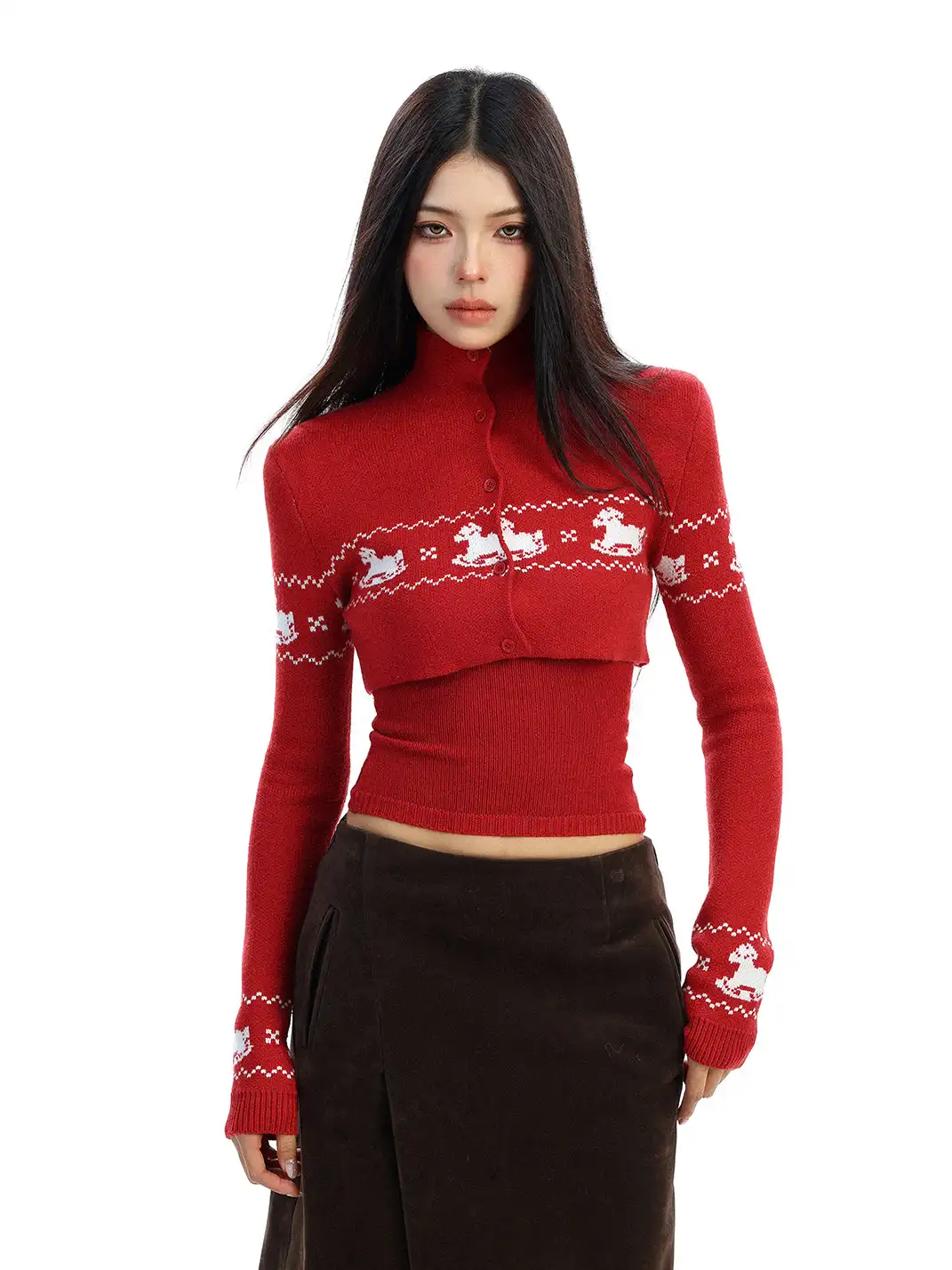 BIGGOLD | Two-piece Set Fair Isle Cropped Knit Cardigan Top