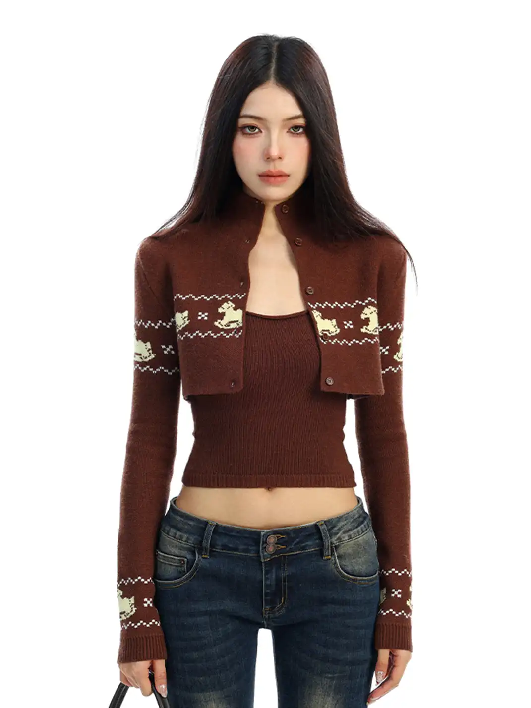 BIGGOLD | Two-piece Set Fair Isle Cropped Knit Cardigan Top