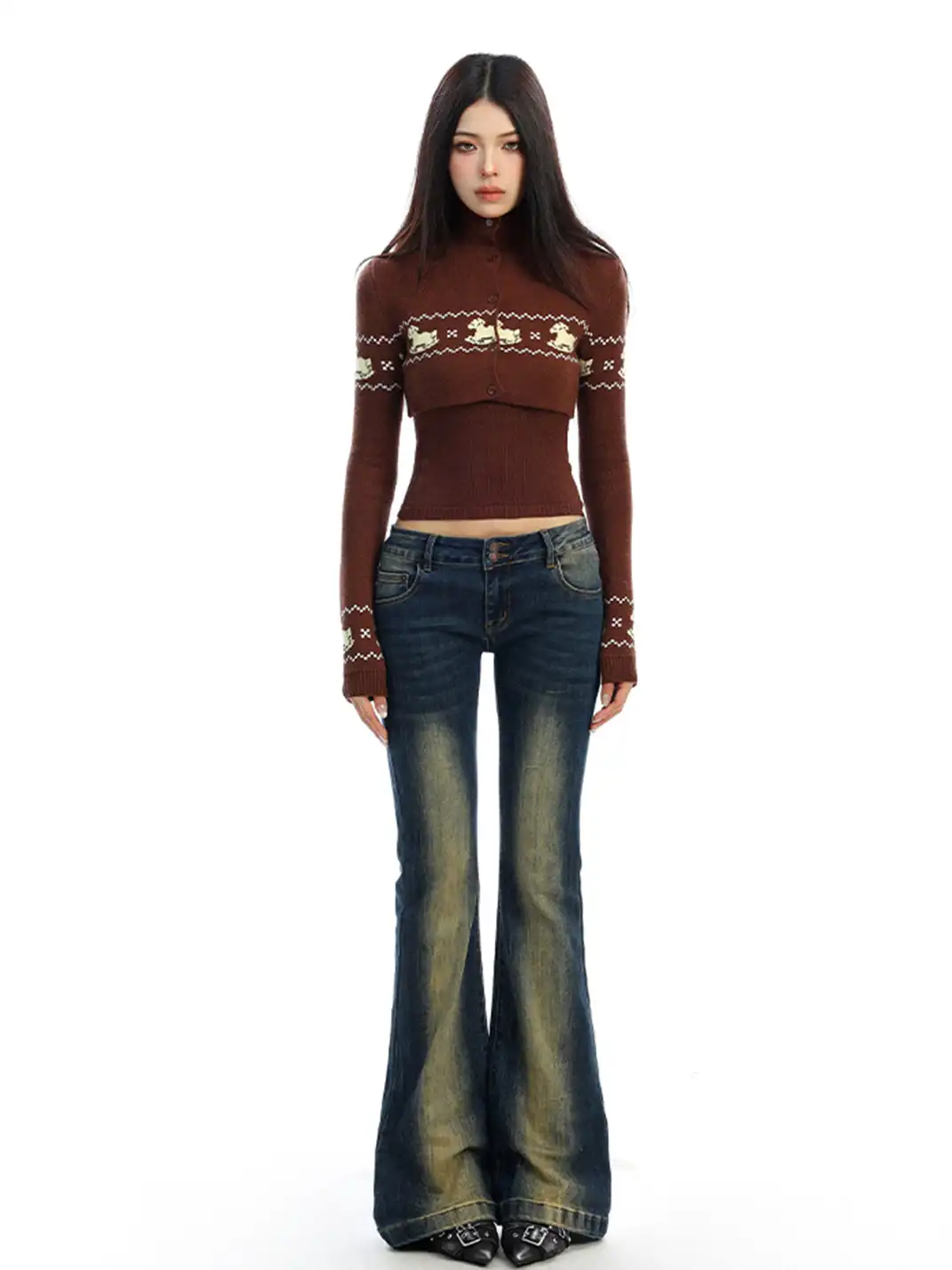 BIGGOLD | Two-piece Set Fair Isle Cropped Knit Cardigan Top