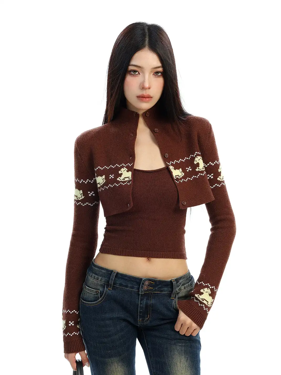 BIGGOLD | Two-piece Set Fair Isle Cropped Knit Cardigan Top