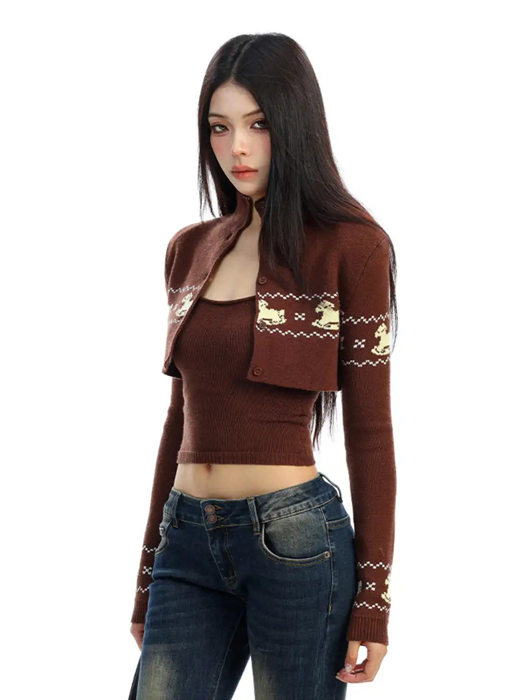 BIGGOLD | Two-piece Set Fair Isle Cropped Knit Cardigan Top
