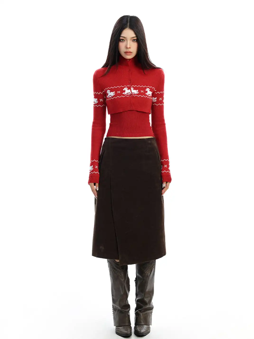 BIGGOLD | Two-piece Set Fair Isle Cropped Knit Cardigan Top
