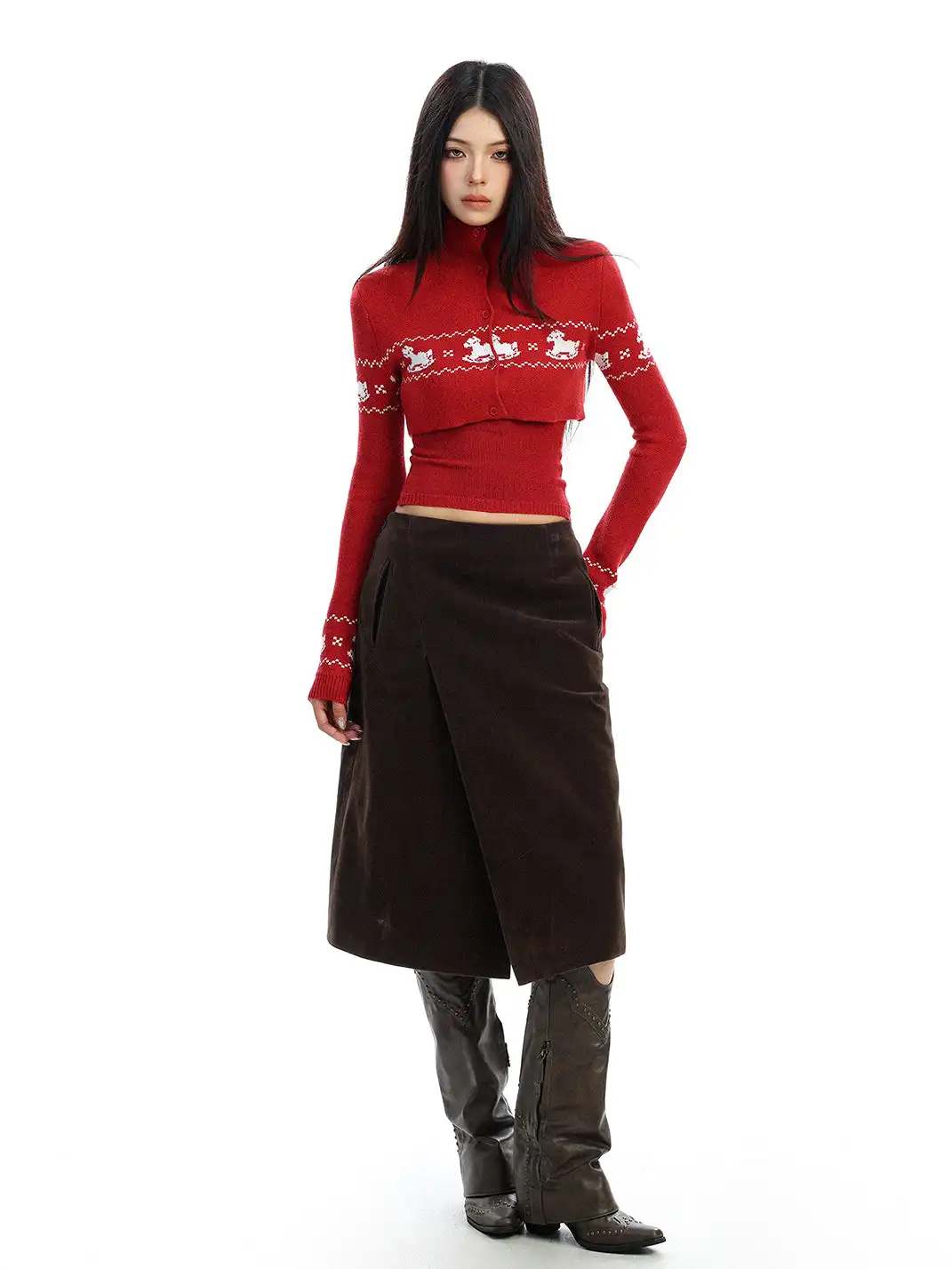 BIGGOLD | Two-piece Set Fair Isle Cropped Knit Cardigan Top