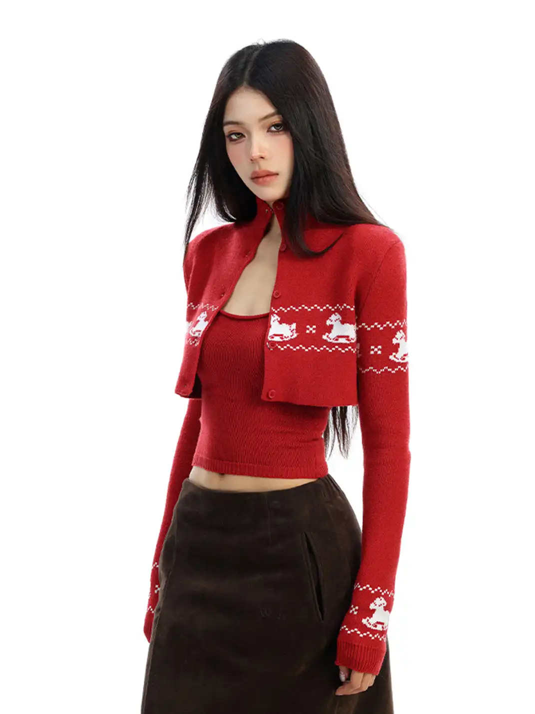 BIGGOLD | Two-piece Set Fair Isle Cropped Knit Cardigan Top