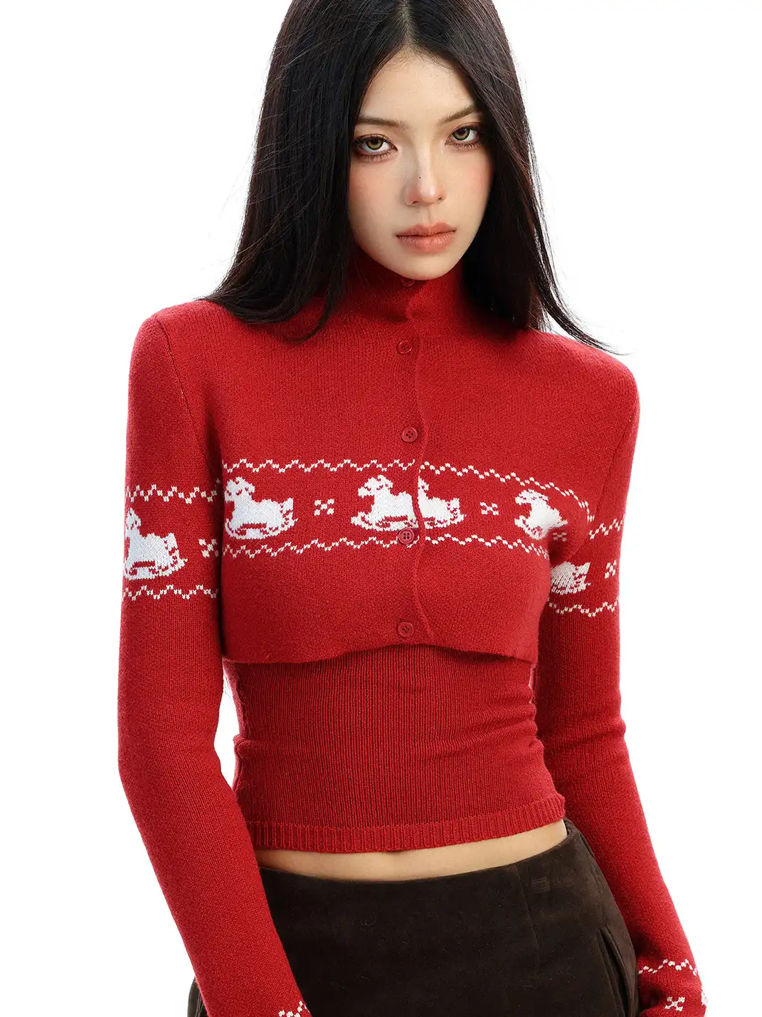 BIGGOLD | Two-piece Set Fair Isle Cropped Knit Cardigan Top