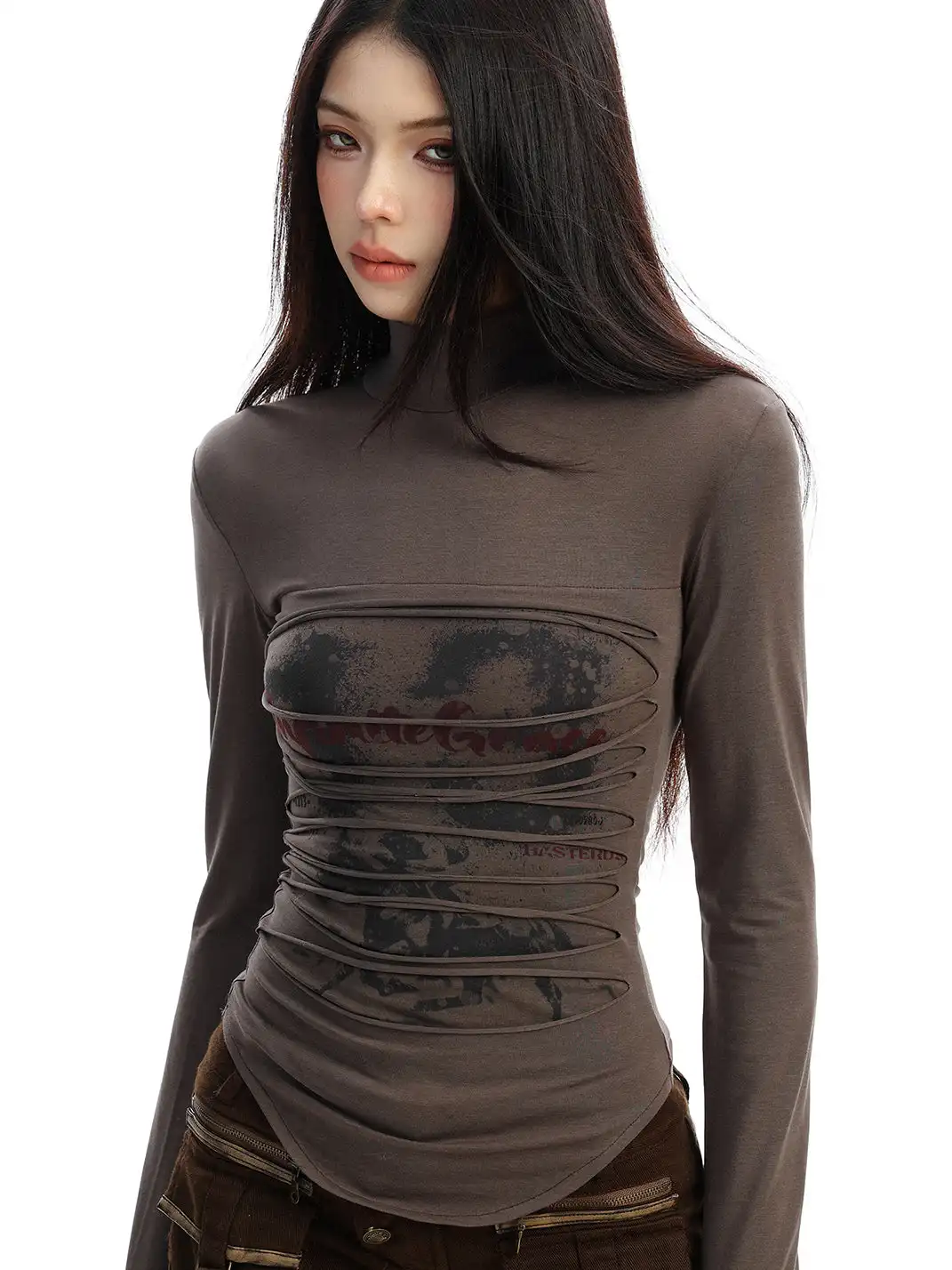 BIGGOLD | Ruched Mock Neck Long Sleeve Top