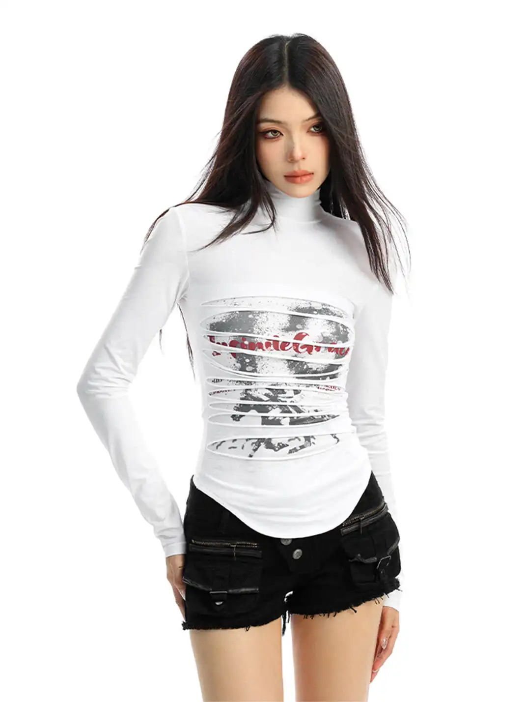 BIGGOLD | Ruched Mock Neck Long Sleeve Top