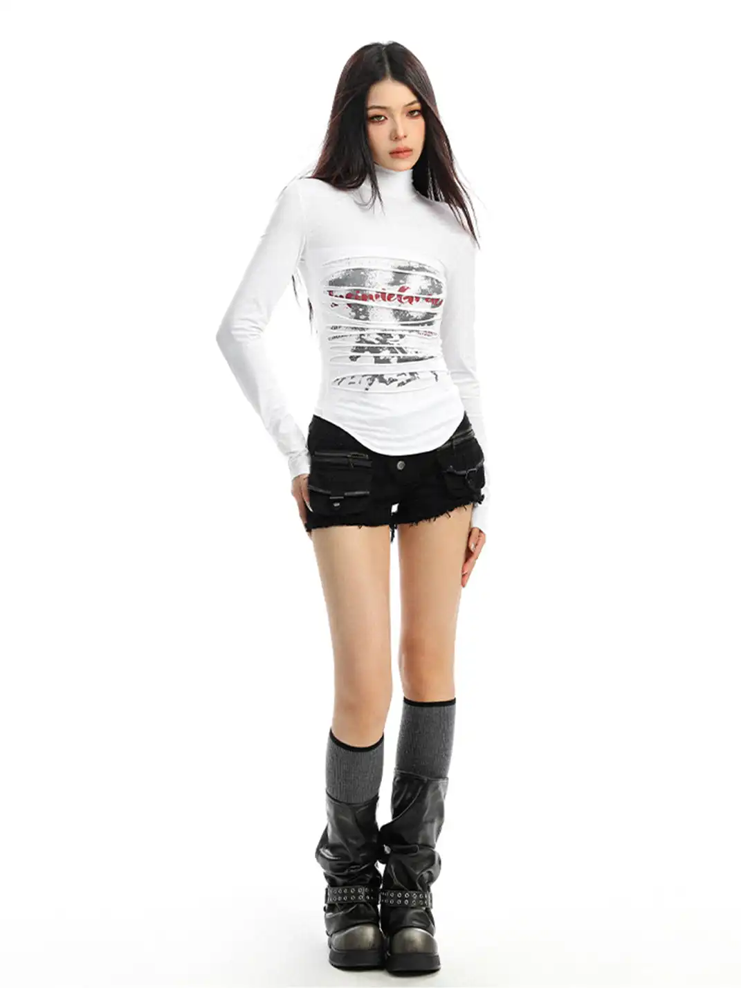 BIGGOLD | Ruched Mock Neck Long Sleeve Top