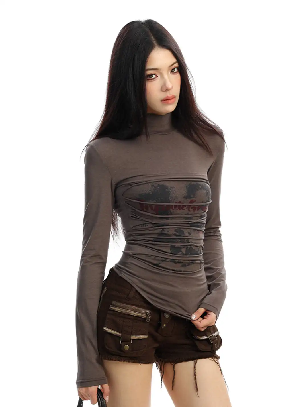 BIGGOLD | Ruched Mock Neck Long Sleeve Top