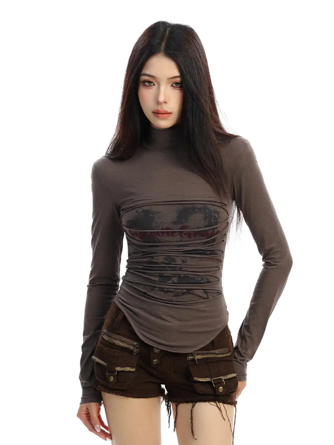 BIGGOLD | Ruched Mock Neck Long Sleeve Top