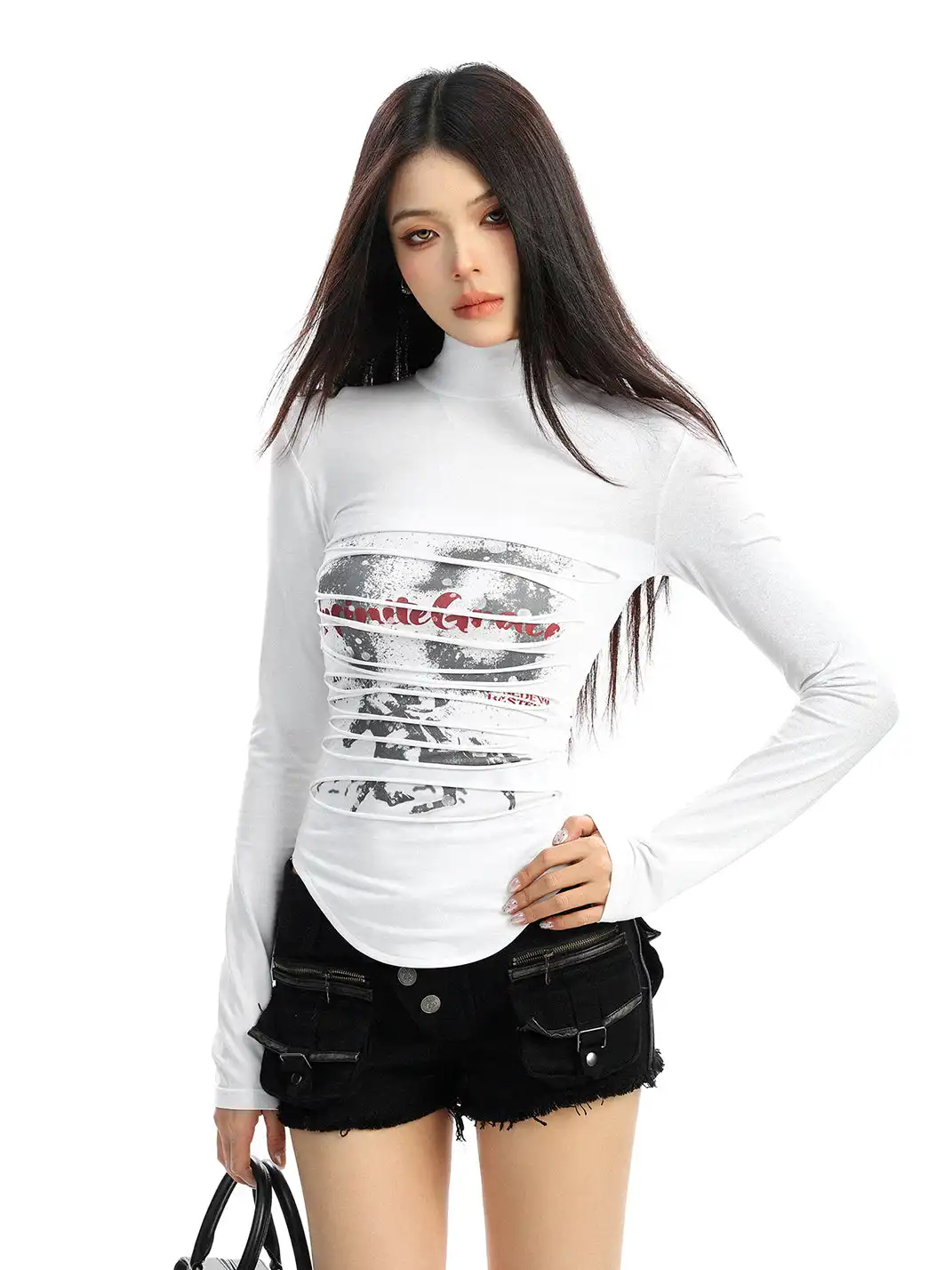 BIGGOLD | Ruched Mock Neck Long Sleeve Top