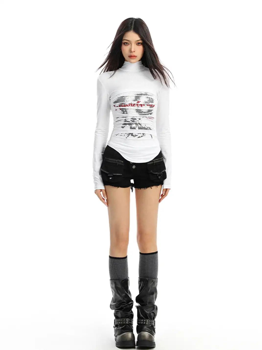 BIGGOLD | Ruched Mock Neck Long Sleeve Top