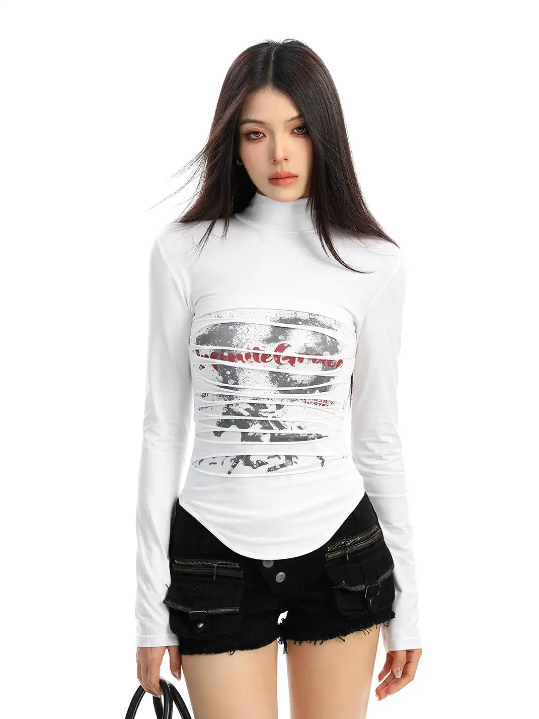 BIGGOLD | Ruched Mock Neck Long Sleeve Top