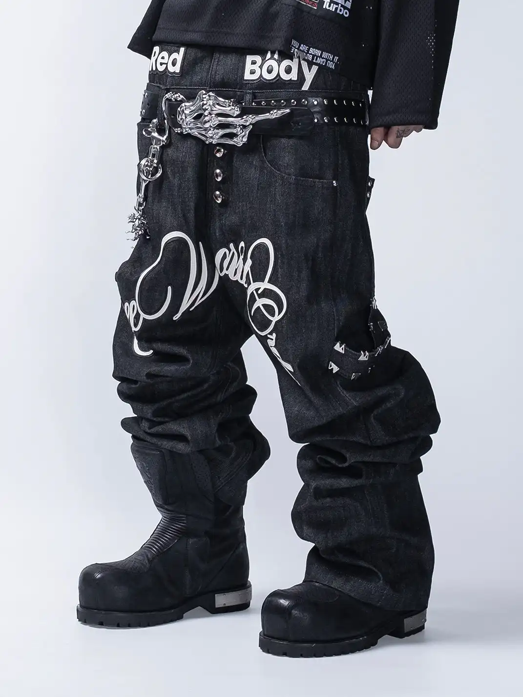 FVVO | Layered-Waist Patterned Studded Jeans
